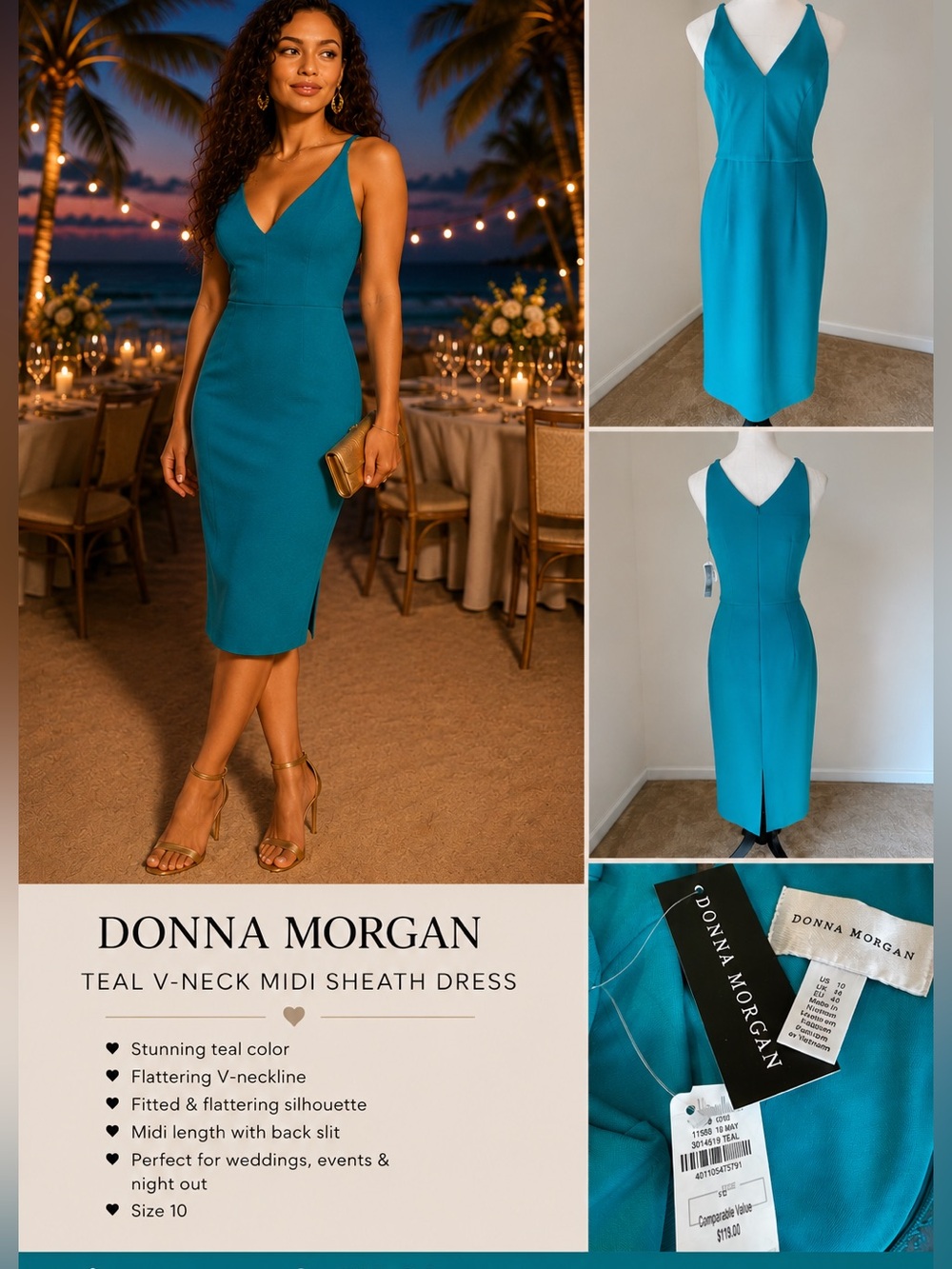 Donna Morgan Teal V-Neck Midi Sheath Dress